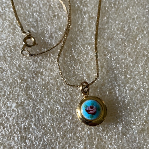 Vintage Gold Necklace with Blue and Pink Pendant - Picture 2 of 4